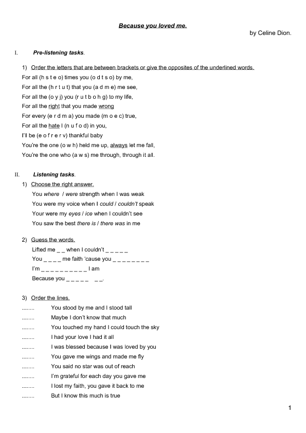 Song Worksheet: Because You Loved Me by Celine Dion