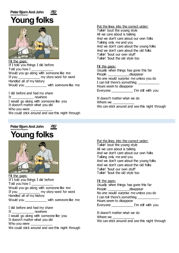 Song Worksheet Young Folks by Peter, Bjorn & John