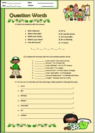 with 1 answer worksheet for grade articles Worksheet Elementary Question Words