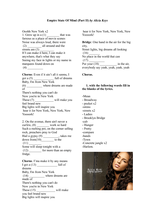 Song Worksheet: New York (Empire State of Mind) by Alicia Keys