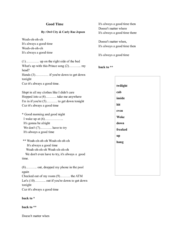 Song Worksheet Good Time By Owl City Carly Rae Jepsen