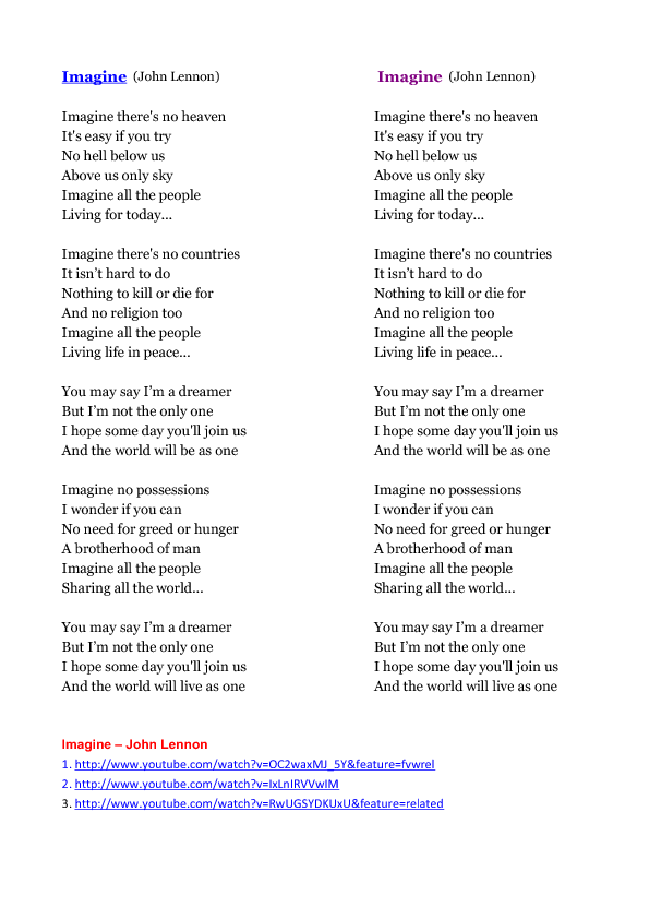 intermediate level english exercise John by Song Lennon Worksheet: Imagine