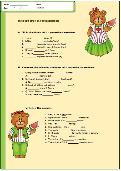 form 2 english exercise 2018 Determiners Worksheet Possessive