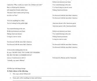Song Worksheet: Hollywood by Marina and the Diamonds
