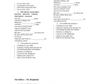 Song Worksheet: Mr Brightside by The Killers [Present Continuous]