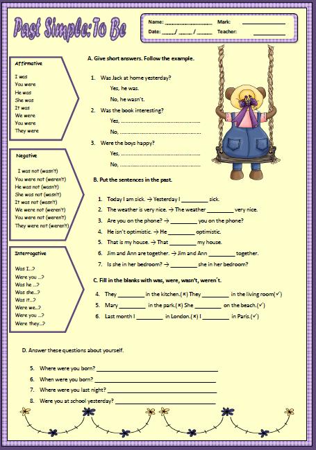 Past Simple Verb To Be Elementary Worksheet