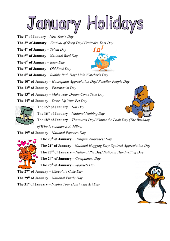 January Holidays Calendar