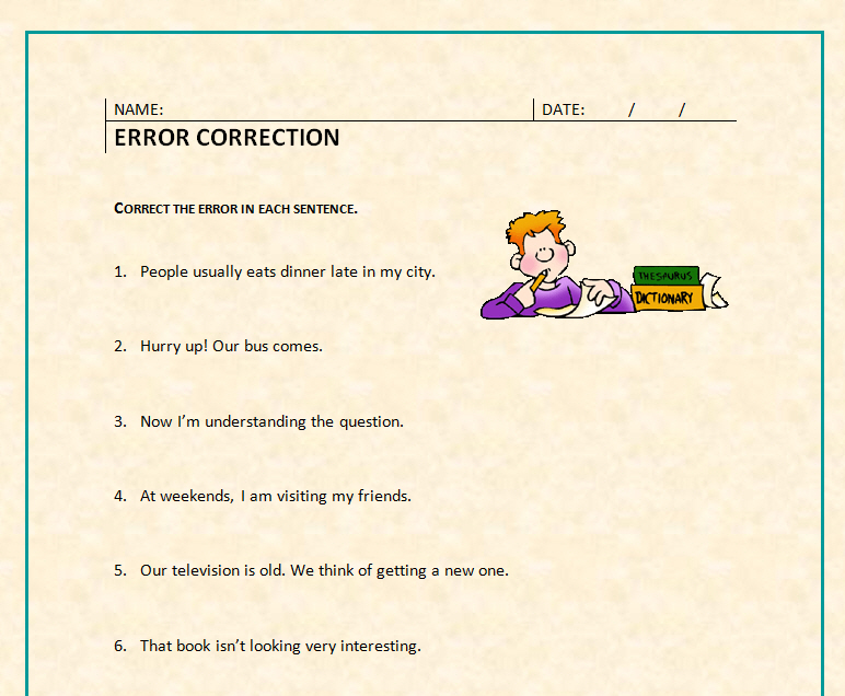 English Grammar Error Correction Worksheet