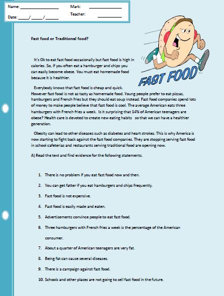 fast food reading comprehension worksheet