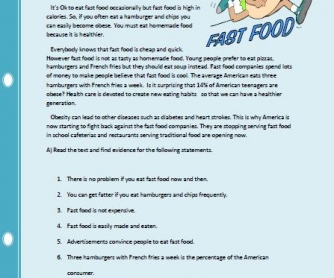 Fast Food Reading Comprehension Worksheet
