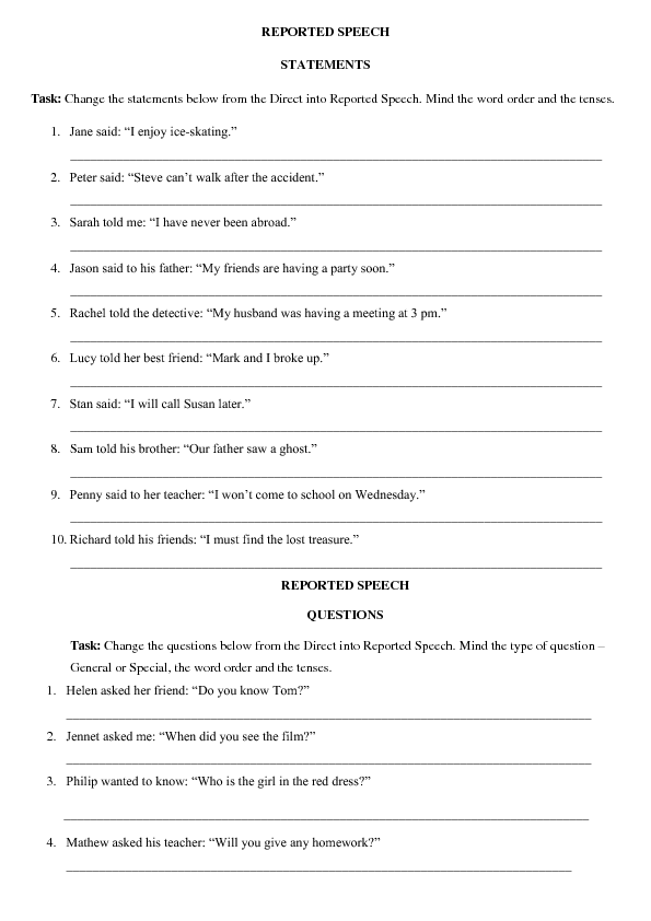 reported speech statement exercises pdf