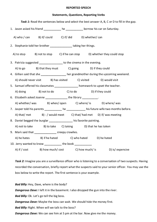 reported speech questions exercises pdf
