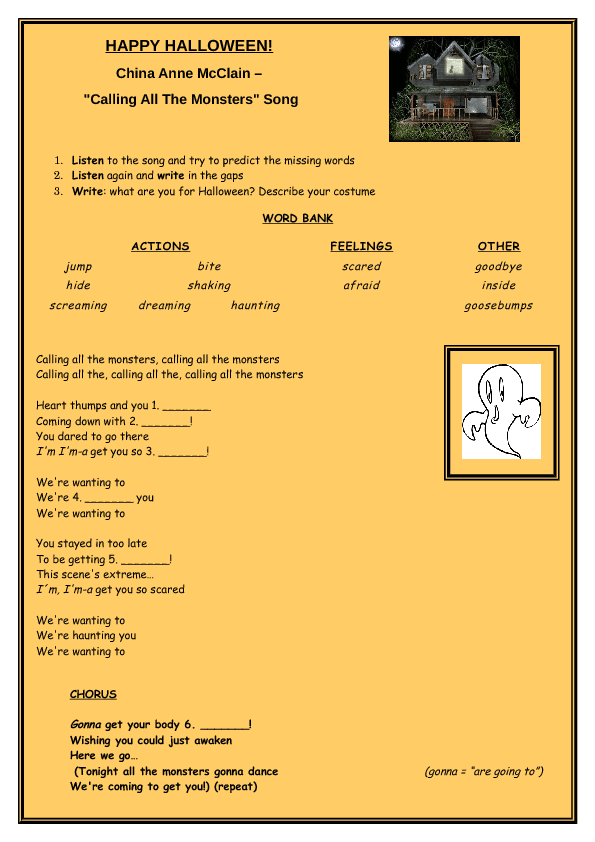 Halloween Song Worksheet Calling All The Monsters By China Anne Mcclain