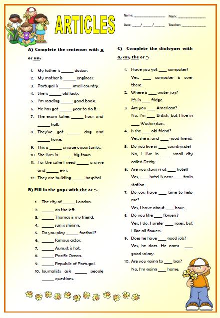 articles elementary worksheet