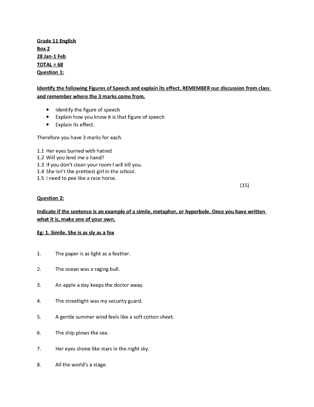 grade 6 pdf idioms worksheet Figures Speech Identifying of