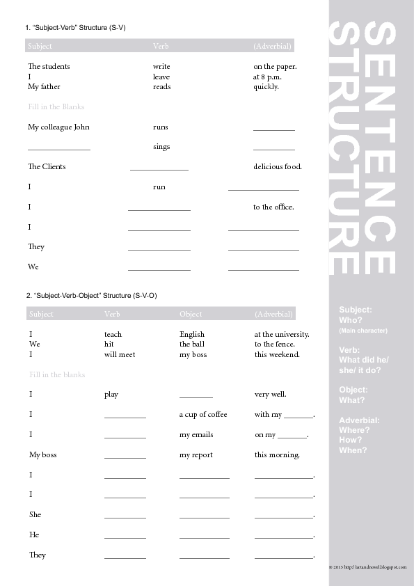 Svo Sentence Pattern Worksheets