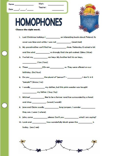 Homophones Worksheet With Answers Pdf