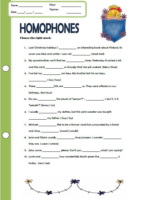Homophones Worksheet