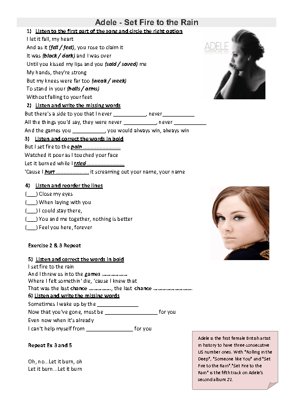 vocabulary 5 exercises Worksheet: Set the to Song Improved) ( Adele by Rain Fire