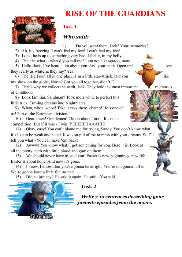 Movie Worksheet: Rise of the Guardians.