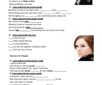 Song Worksheet: Set Fire to the Rain by Adele ( Improved)