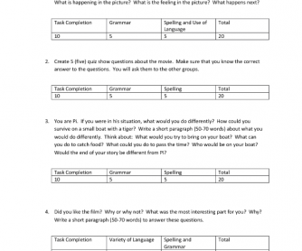 Movie Worksheet: Ang Lee's Life of Pi ( Group Follow up Activities)