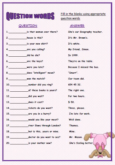 Question Words Elementary Worksheet