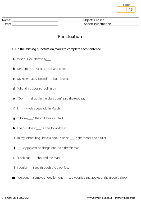 help speech sheet direct Missing Punctuation Writing: