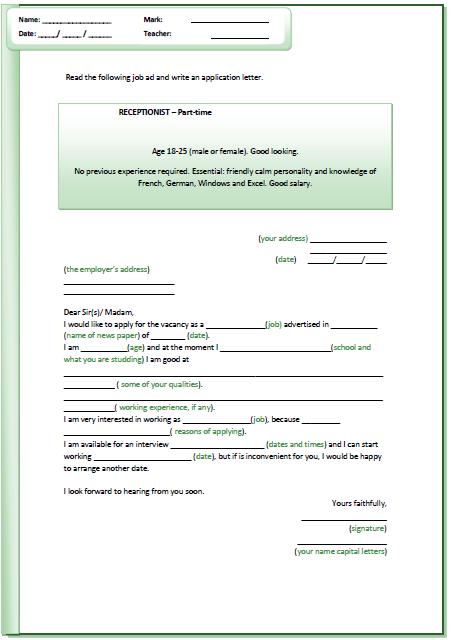 Letter Of Application Worksheet