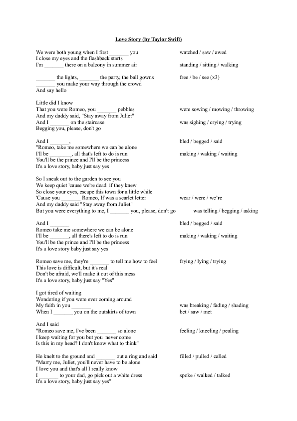 Song Worksheet Love Story By Taylor Swift