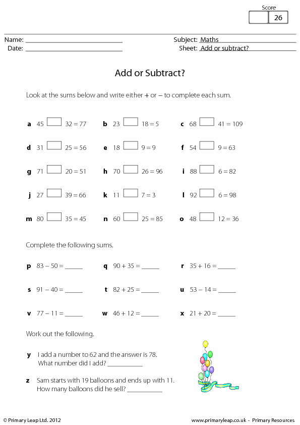 Add Or Subtract Maths Worksheet