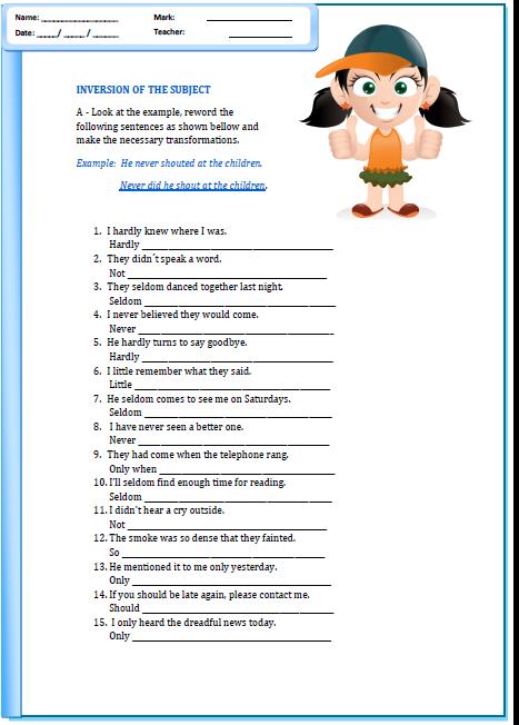 Inversion of the Subject Worksheet