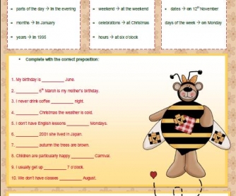 Prepositions of Time Elementary Worksheet