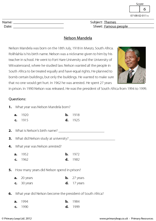 Nelson Mandela - Reading Comprehension