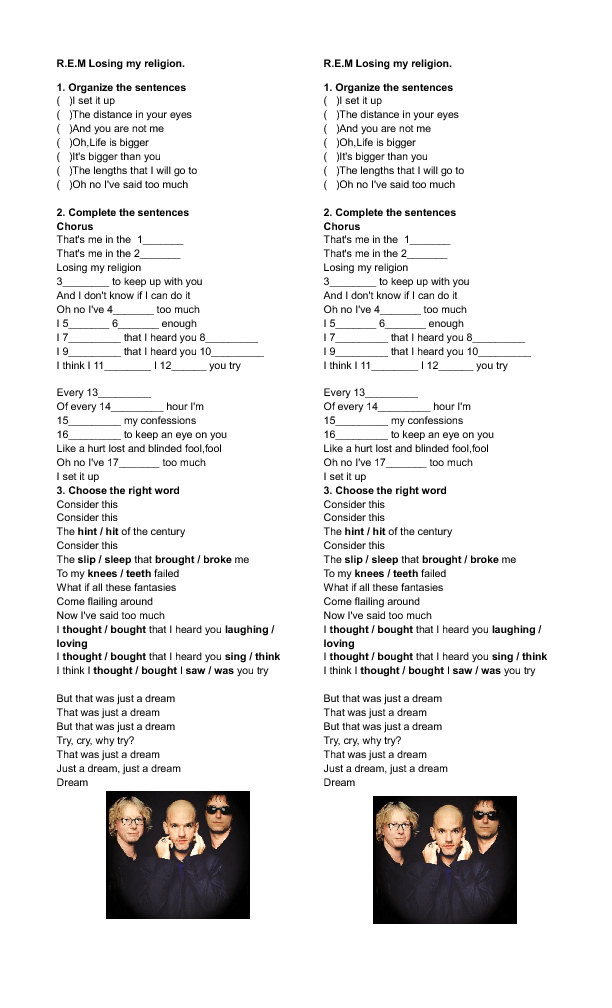 Song Worksheet: Losing My Religion by REM