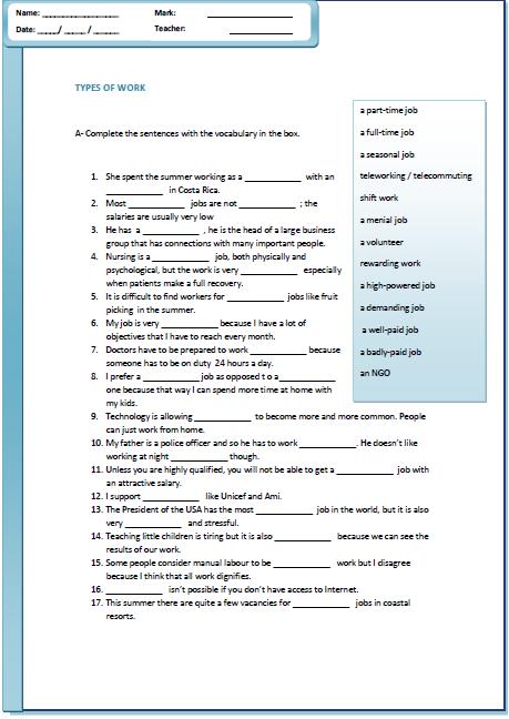 types-of-work-worksheet