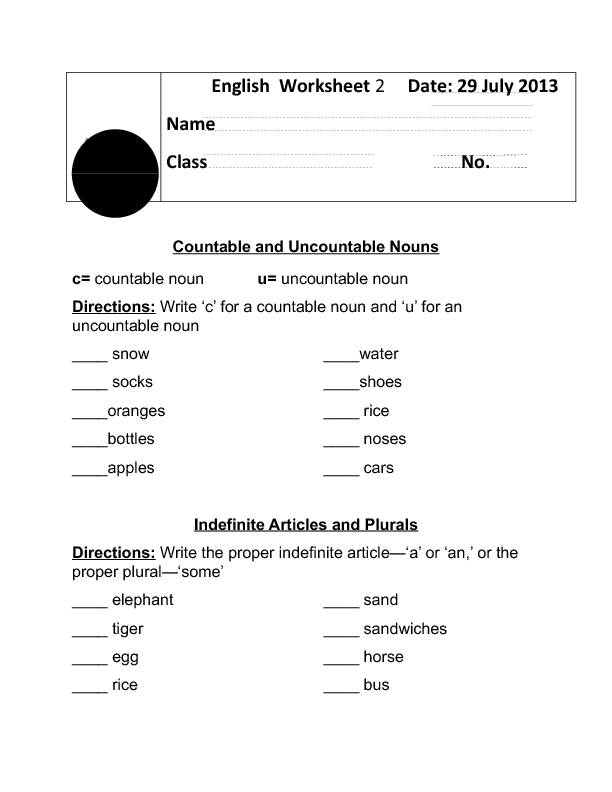 Nouns And Articles Worksheet