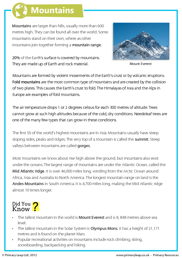 Mountains - Reading Comprehension