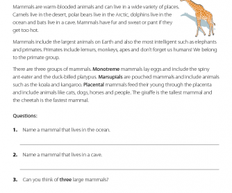 Mammals - Reading Comprehension