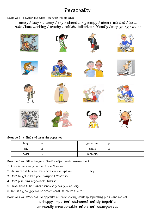 for worksheet kindergarten reading english Adjectives Personality