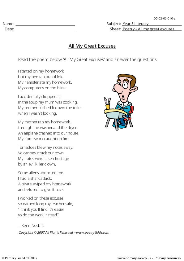 poems about homework excuses