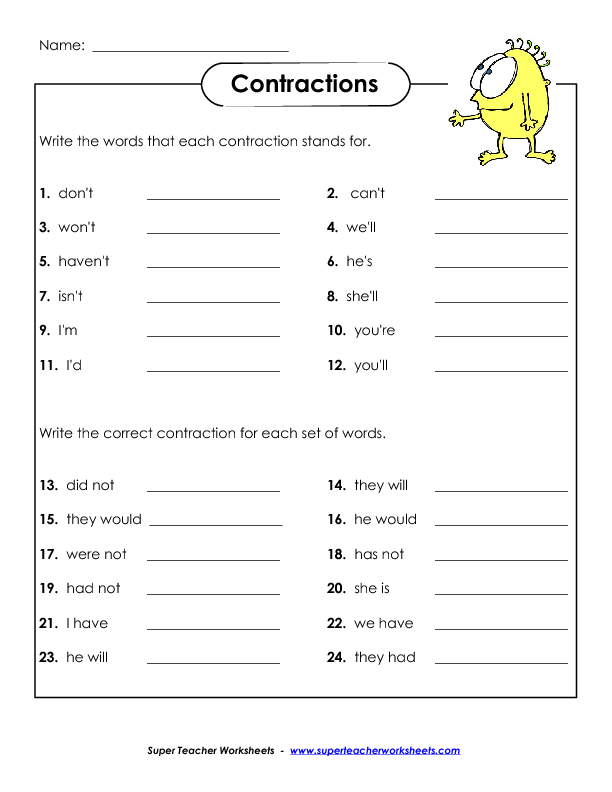 Contractions And Possessive Pronouns Worksheets