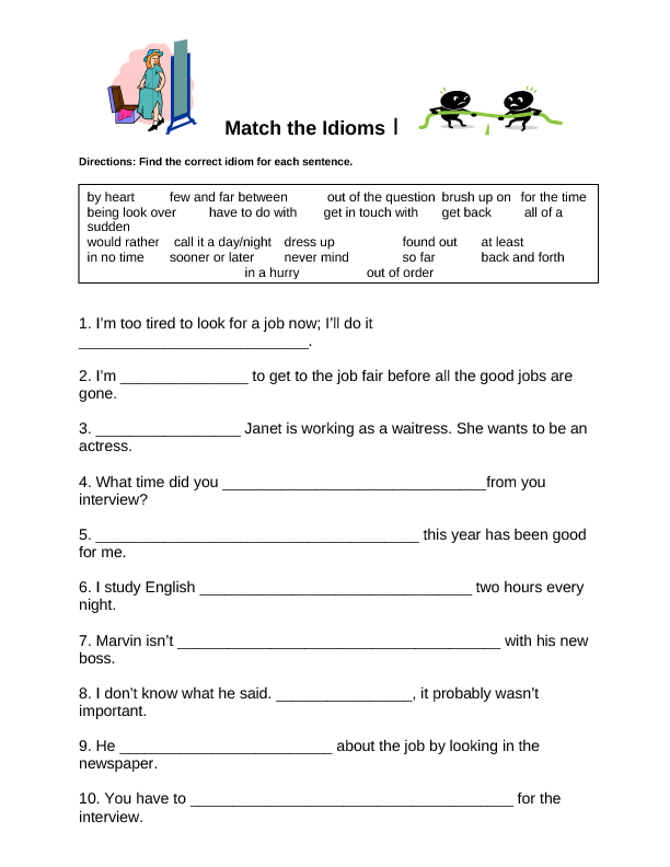 idioms 4 worksheet year Idiom Matching