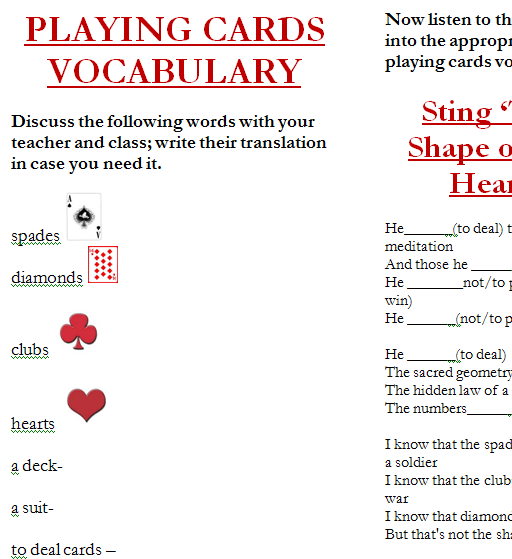 Song Worksheet Shape Of My Heart By Sting