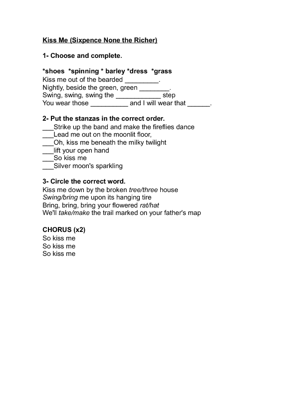 Song Worksheet Kiss Me By Sixpence None The Richer
