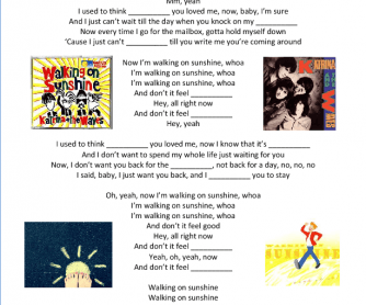 Song Worksheet: Walking On Sunshine by Katrina and the Waves
