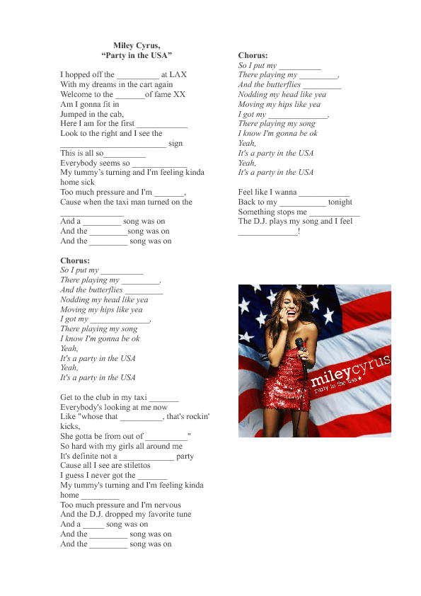 Song Worksheet: Party in the USA by Miley Cyrus