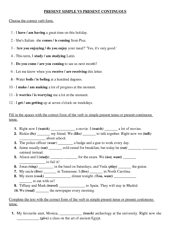 Present Simple Vs Present Continuous Worksheet