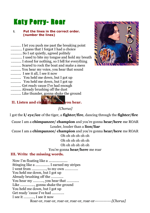 Song Worksheet: Roar by Katy Perry ( 5 Activities) .