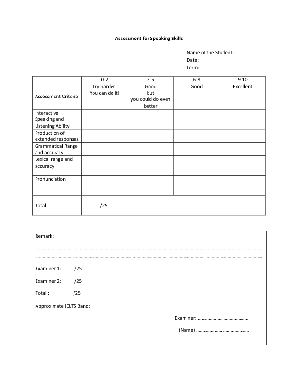 sheet speech criteria Form Assessment Skills Test Speaking